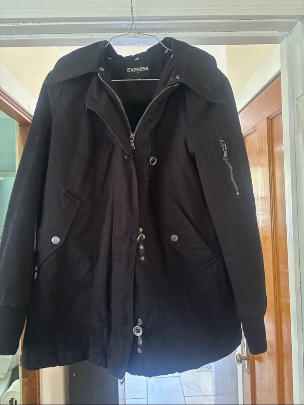 Express Men's Black Military Field Jacket with Zipper & Snap Closures